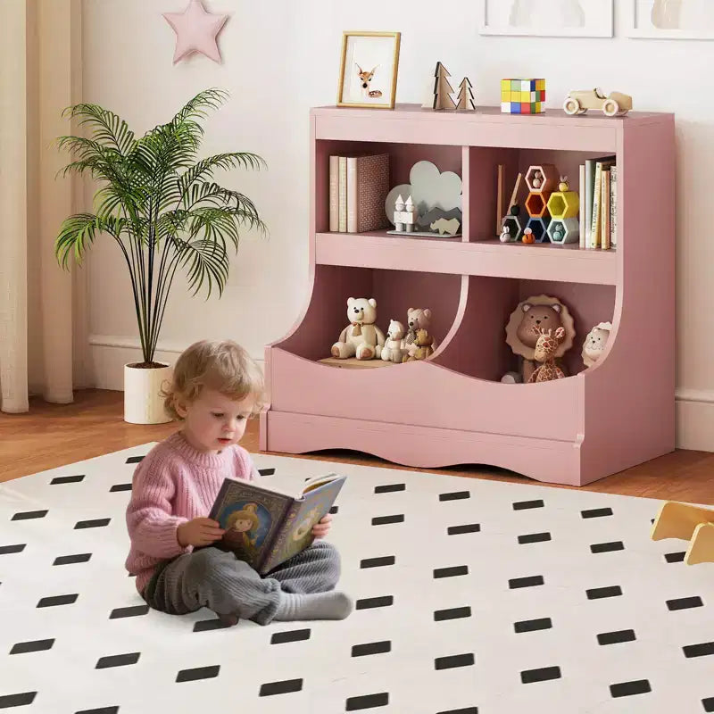Toy Storage Organizer for Toys & Books 4-Cubby Kids Bookcase for Children's Room White/Pink/Gray