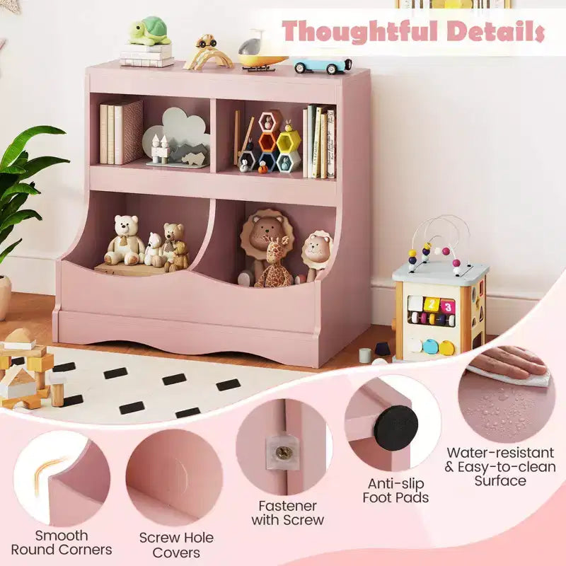 Toy Storage Organizer for Toys & Books 4-Cubby Kids Bookcase for Children's Room White/Pink/Gray