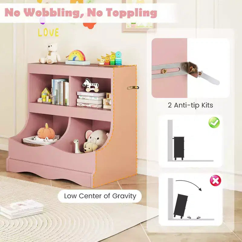 Toy Storage Organizer for Toys & Books 4-Cubby Kids Bookcase for Children's Room White/Pink/Gray