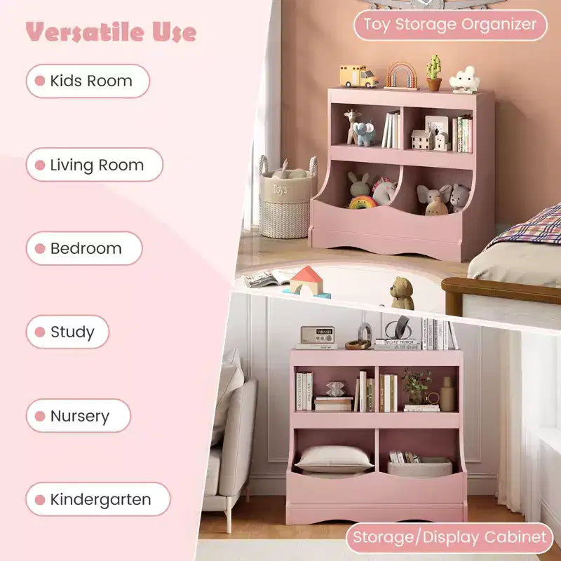 Toy Storage Organizer for Toys & Books 4-Cubby Kids Bookcase for Children's Room White/Pink/Gray