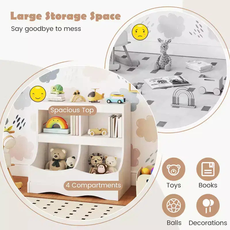 Toy Storage Organizer for Toys & Books 4-Cubby Kids Bookcase for Children's Room White/Pink/Gray