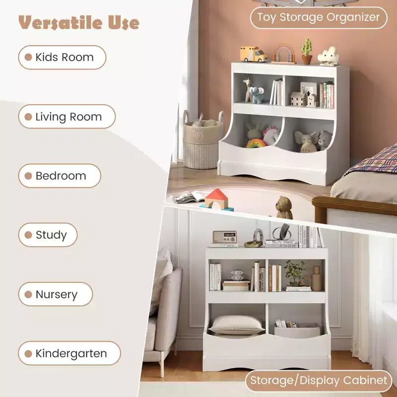Toy Storage Organizer for Toys & Books 4-Cubby Kids Bookcase for Children's Room White/Pink/Gray