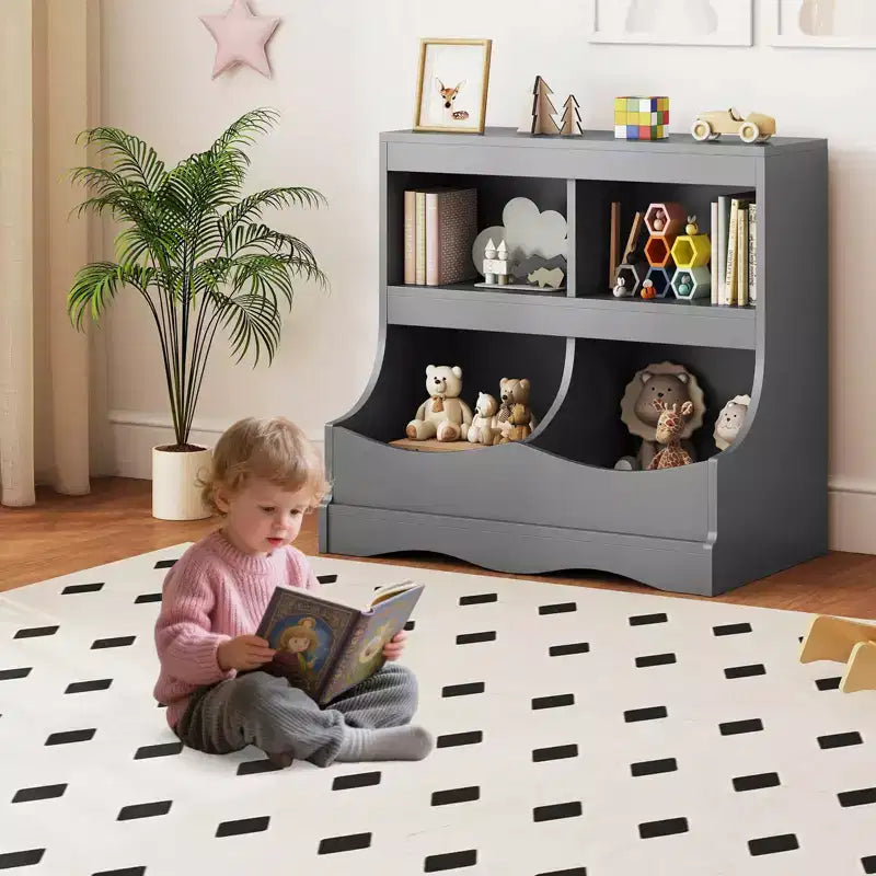 Toy Storage Organizer for Toys & Books 4-Cubby Kids Bookcase for Children's Room White/Pink/Gray