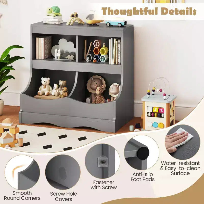 Toy Storage Organizer for Toys & Books 4-Cubby Kids Bookcase for Children's Room White/Pink/Gray