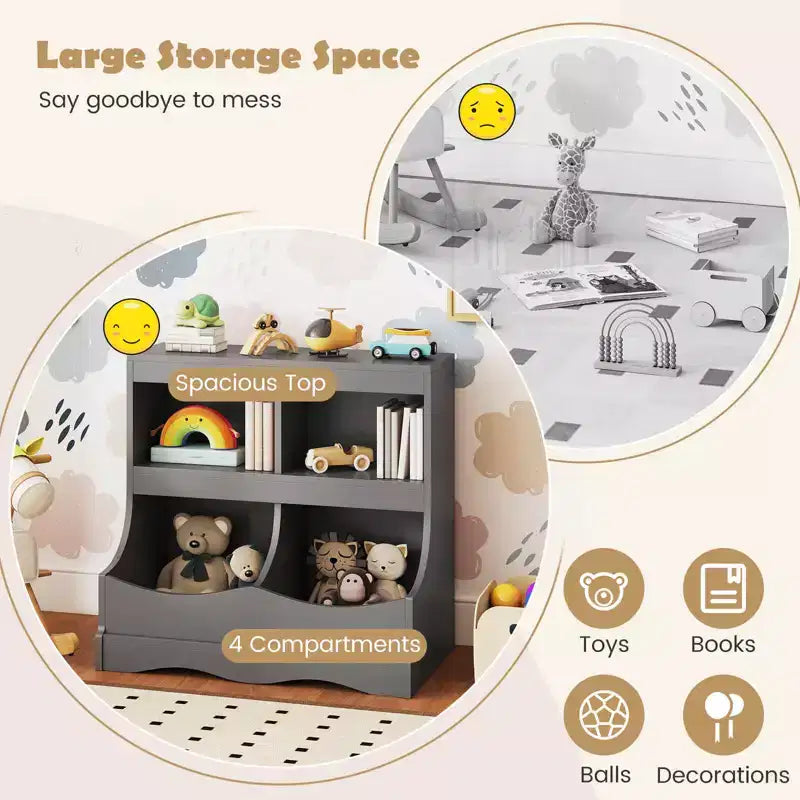 Toy Storage Organizer for Toys & Books 4-Cubby Kids Bookcase for Children's Room White/Pink/Gray