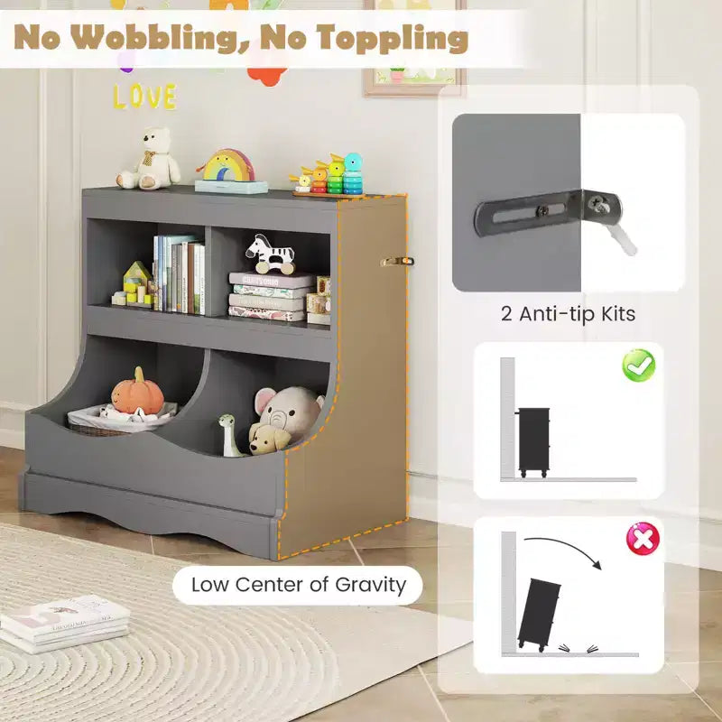 Toy Storage Organizer for Toys & Books 4-Cubby Kids Bookcase for Children's Room White/Pink/Gray