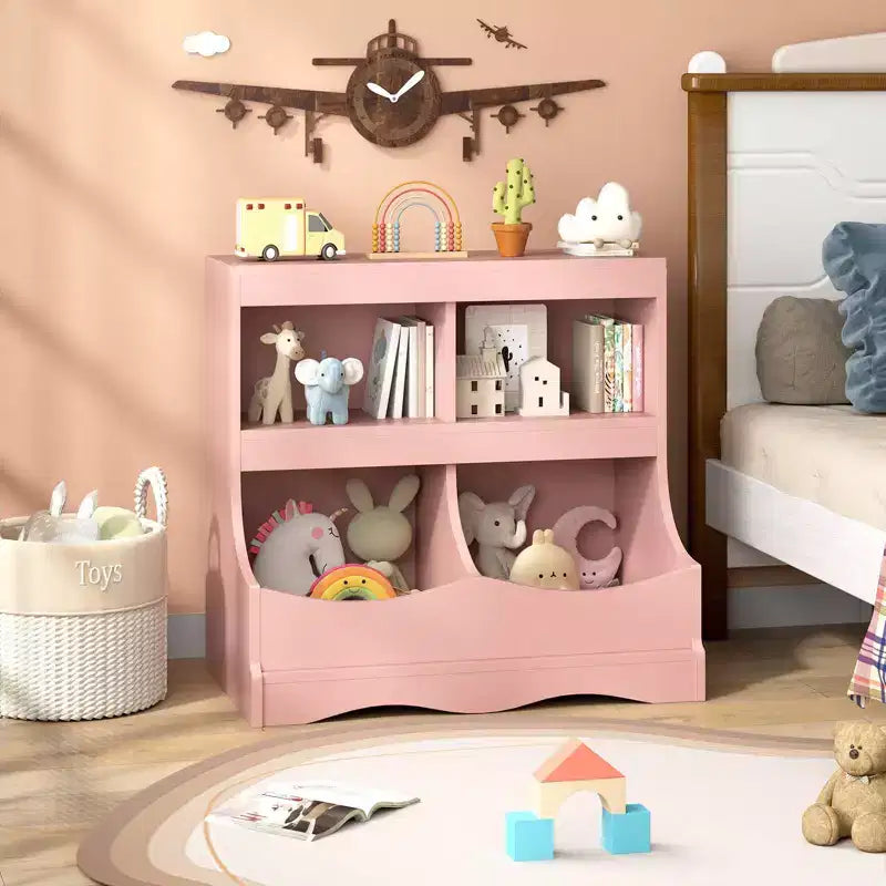Toy Storage Organizer for Toys & Books 4-Cubby Kids Bookcase for Children's Room White/Pink/Gray