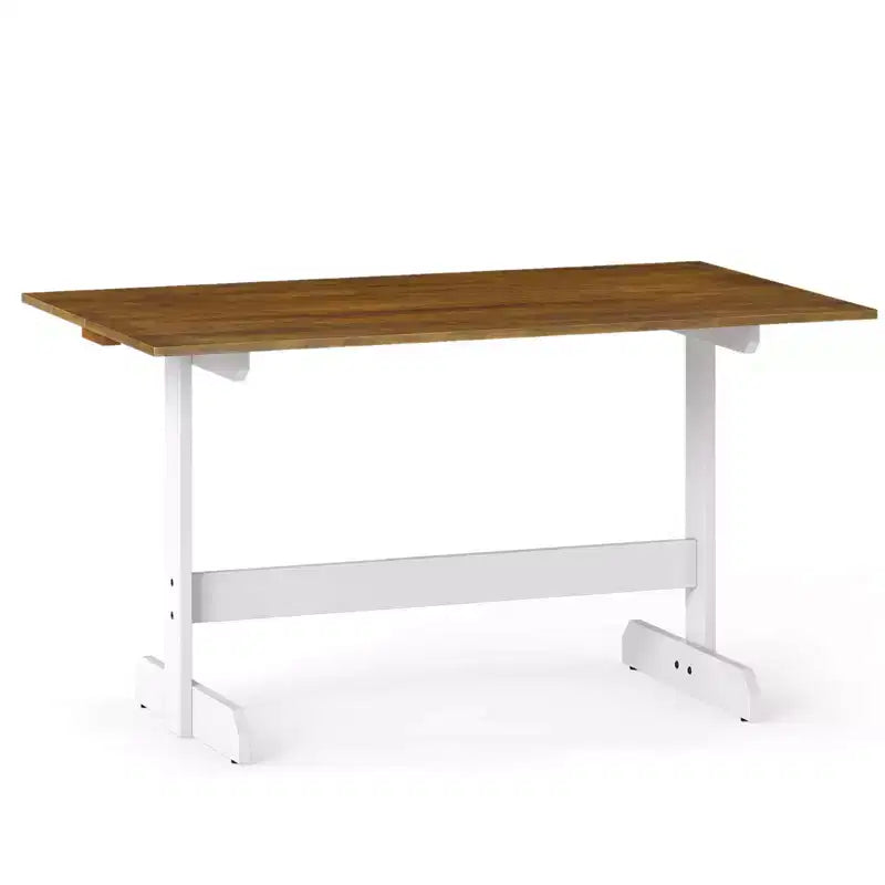 55 Dining Table for 4-6 People, Rectangular Kitchen Table with Wood Trestle Base Walnut + White