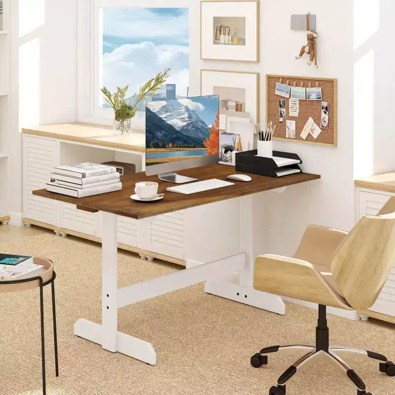 55 Dining Table for 4-6 People, Rectangular Kitchen Table with Wood Trestle Base Walnut + White