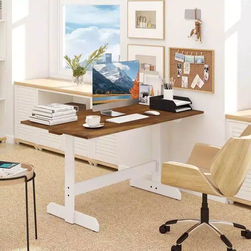 55 Dining Table for 4-6 People, Rectangular Kitchen Table with Wood Trestle Base Walnut + White