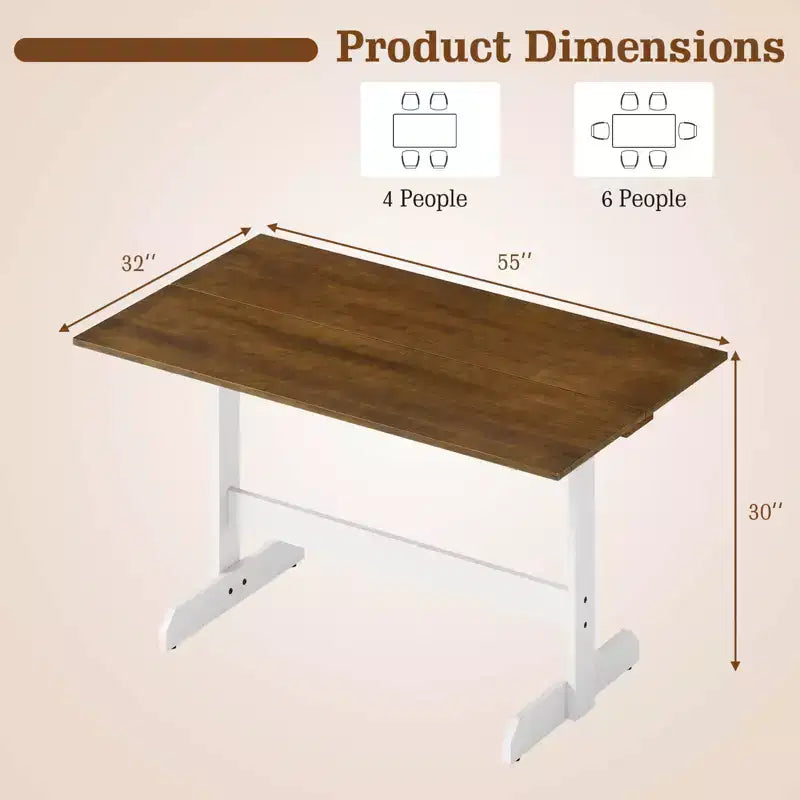 55 Dining Table for 4-6 People, Rectangular Kitchen Table with Wood Trestle Base Walnut + White
