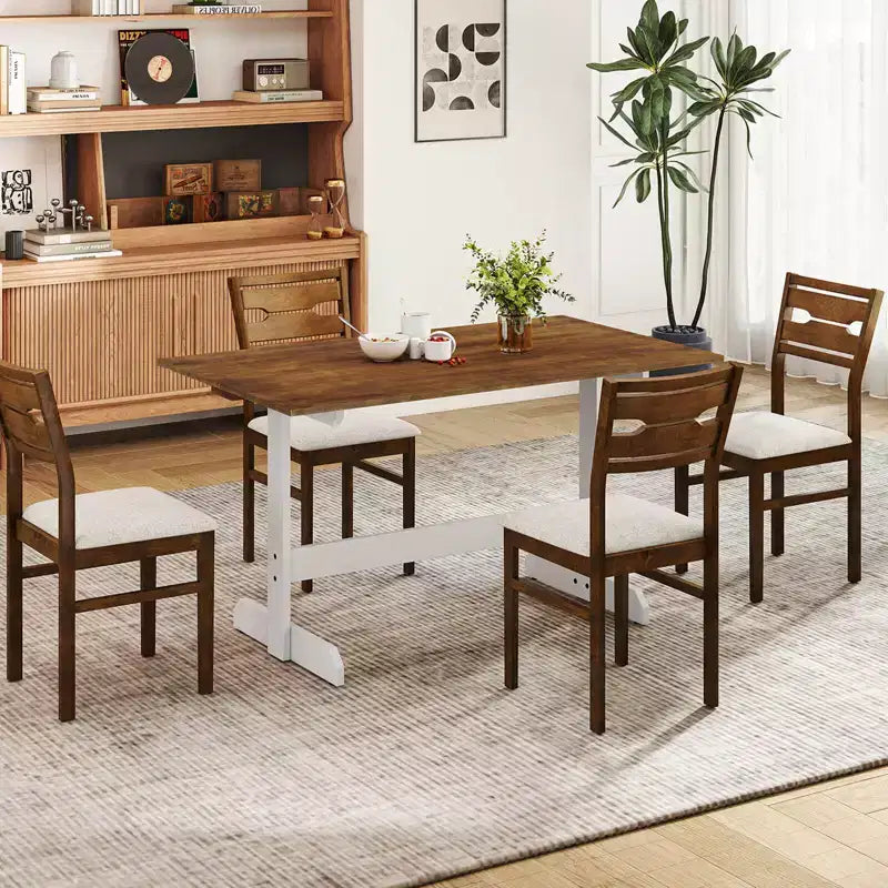 55 Dining Table for 4-6 People, Rectangular Kitchen Table with Wood Trestle Base Walnut + White