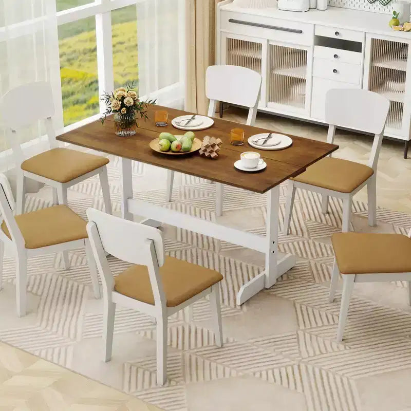 55 Dining Table for 4-6 People, Rectangular Kitchen Table with Wood Trestle Base Walnut + White