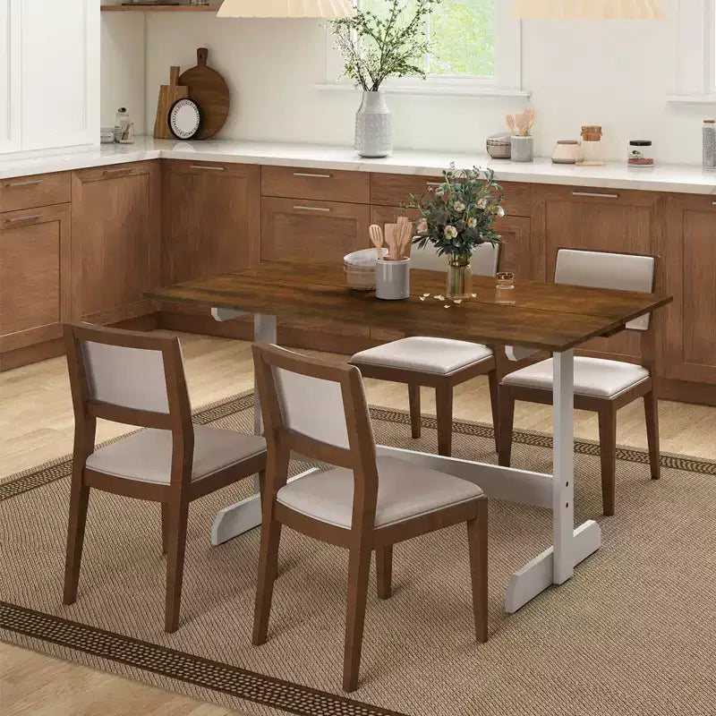 55 Dining Table for 4-6 People, Rectangular Kitchen Table with Wood Trestle Base Walnut + White