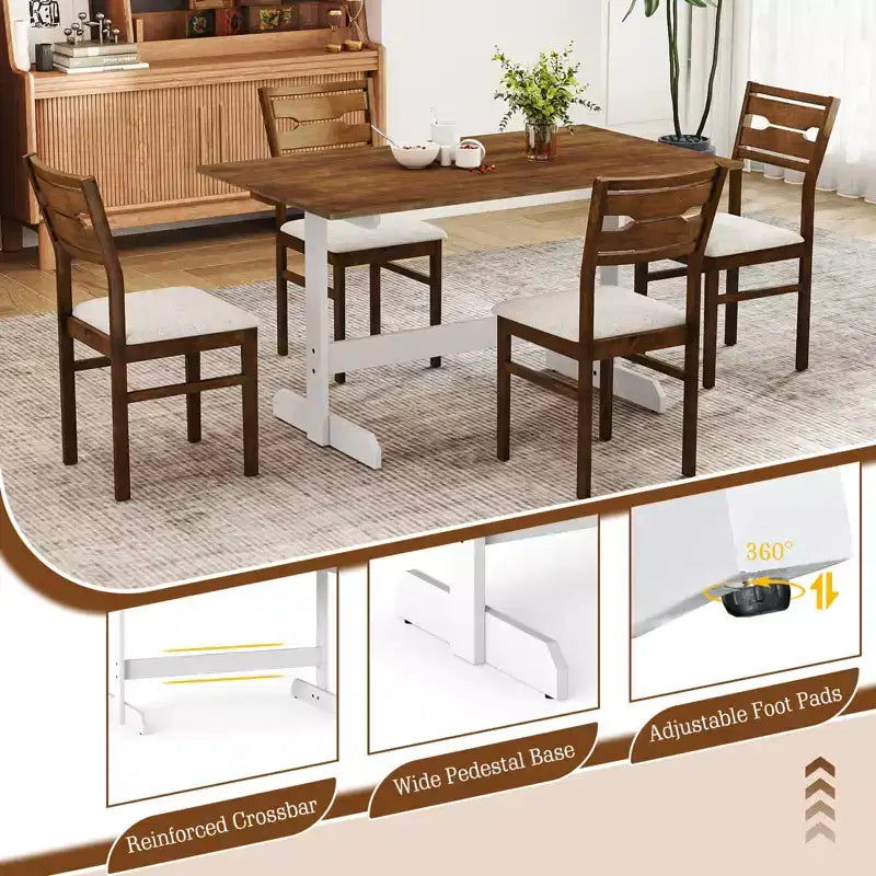55 Dining Table for 4-6 People, Rectangular Kitchen Table with Wood Trestle Base Walnut + White