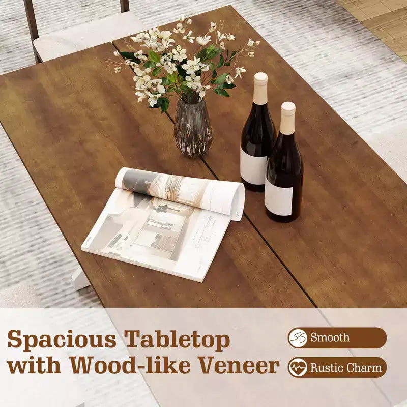55 Dining Table for 4-6 People, Rectangular Kitchen Table with Wood Trestle Base Walnut + White
