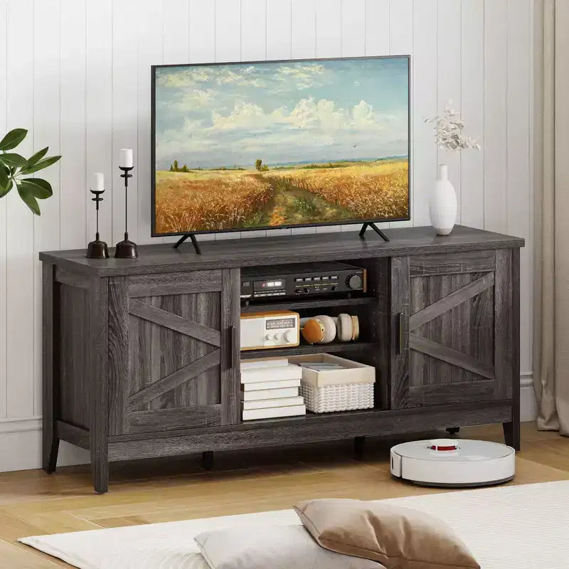 Farmhouse TV Stand for TVs up to 65 Entertainment Center with 2 Storage Cabinets Gray