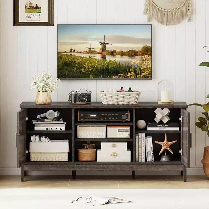 Farmhouse TV Stand for TVs up to 65 Entertainment Center with 2 Storage Cabinets Gray
