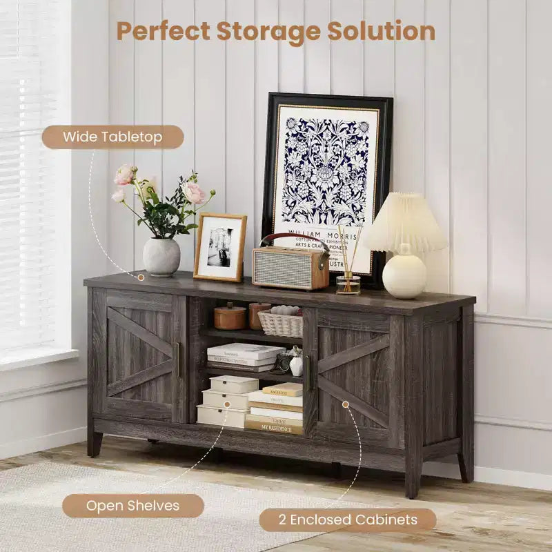 Farmhouse TV Stand for TVs up to 65 Entertainment Center with 2 Storage Cabinets Gray
