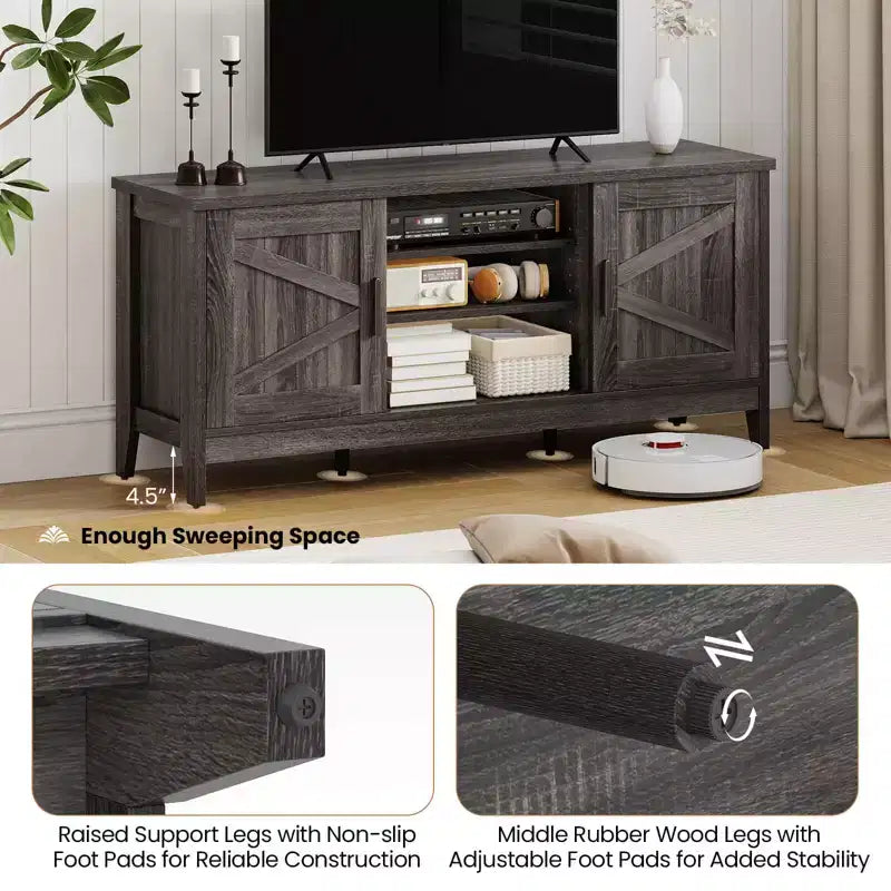 Farmhouse TV Stand for TVs up to 65 Entertainment Center with 2 Storage Cabinets Gray