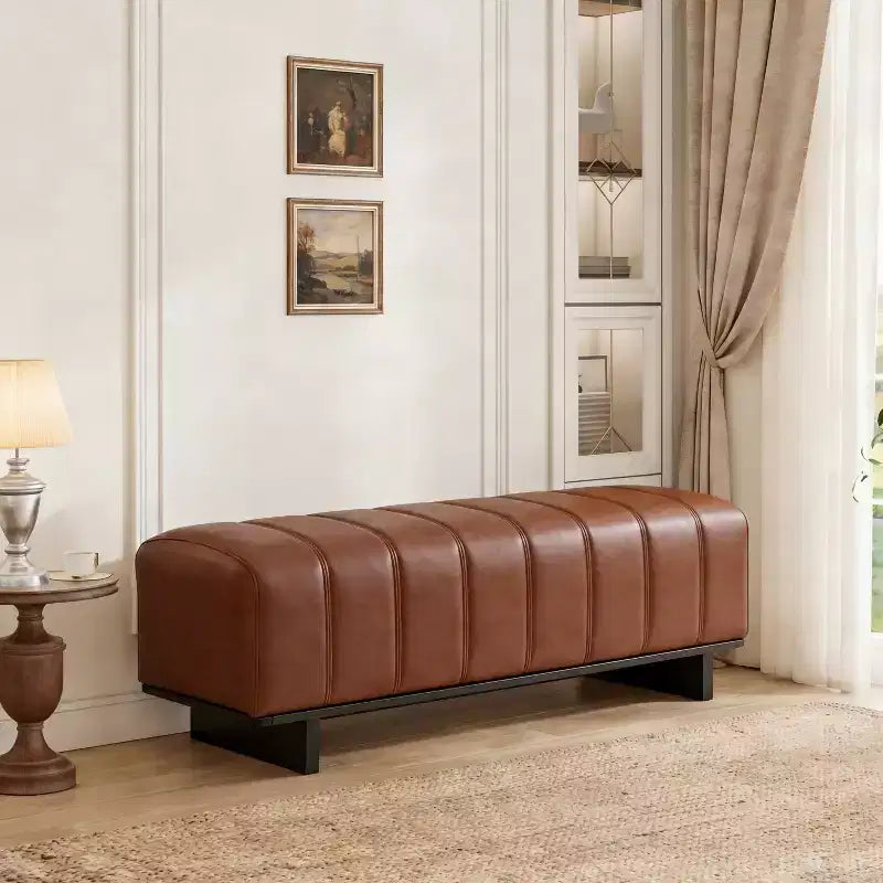 Modern Faux Leather Upholstered Dining Bench with Rubberwood Legs
