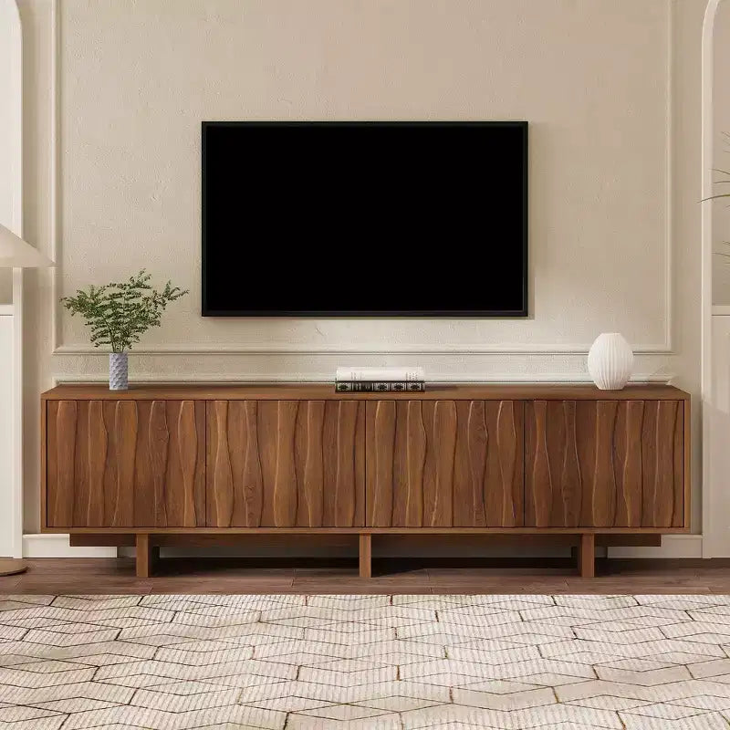 Retro Style Wood Grain TV Stand, Rustic Media Console, Sturdy Base TV Cabinet with Wavy Door for TVs up to 75