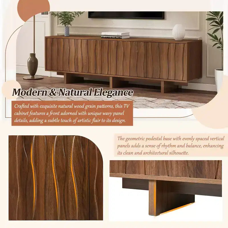 Retro Style Wood Grain TV Stand, Rustic Media Console, Sturdy Base TV Cabinet with Wavy Door for TVs up to 75