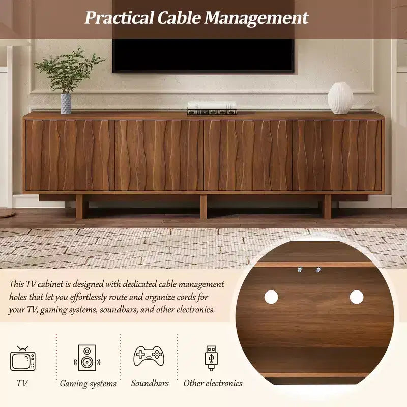 Retro Style Wood Grain TV Stand, Rustic Media Console, Sturdy Base TV Cabinet with Wavy Door for TVs up to 75