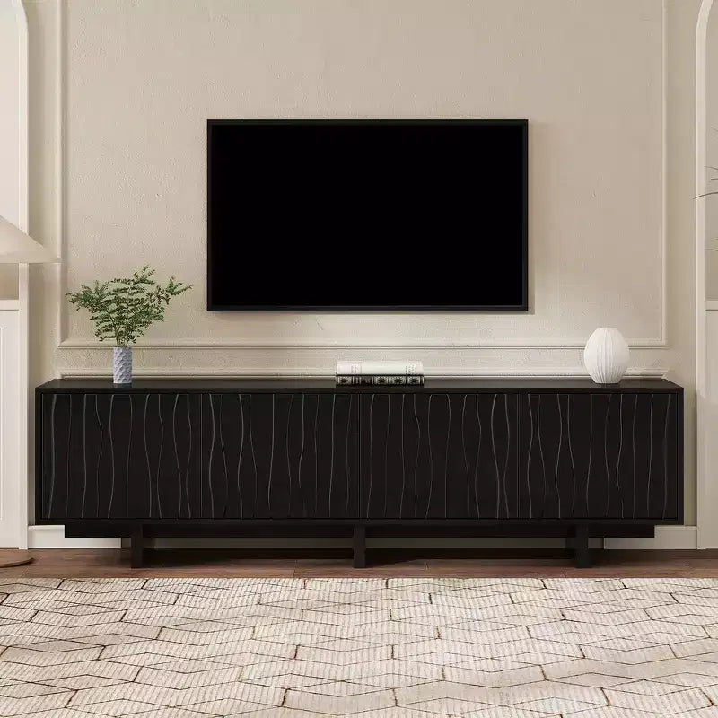 Retro Style Wood Grain TV Stand, Rustic Media Console, Sturdy Base TV Cabinet with Wavy Door for TVs up to 75