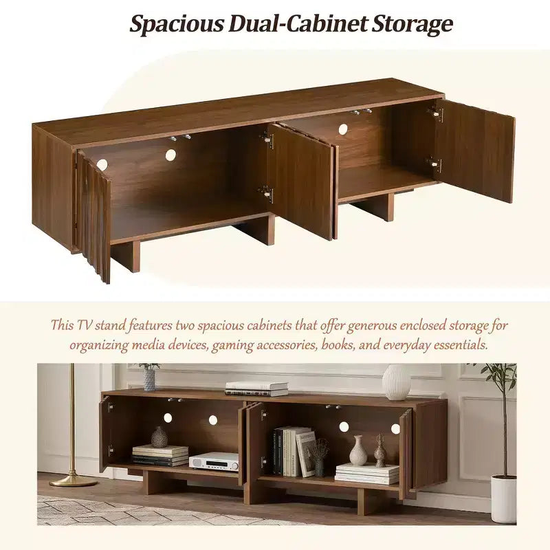 Retro Style Wood Grain TV Stand, Rustic Media Console, Sturdy Base TV Cabinet with Wavy Door for TVs up to 75