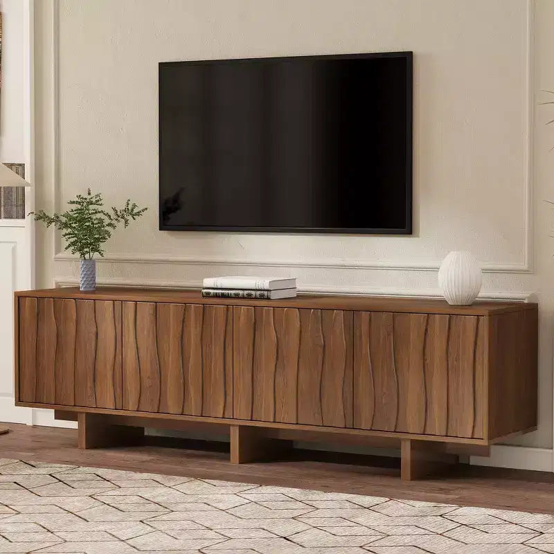 Retro Style Wood Grain TV Stand, Rustic Media Console, Sturdy Base TV Cabinet with Wavy Door for TVs up to 75