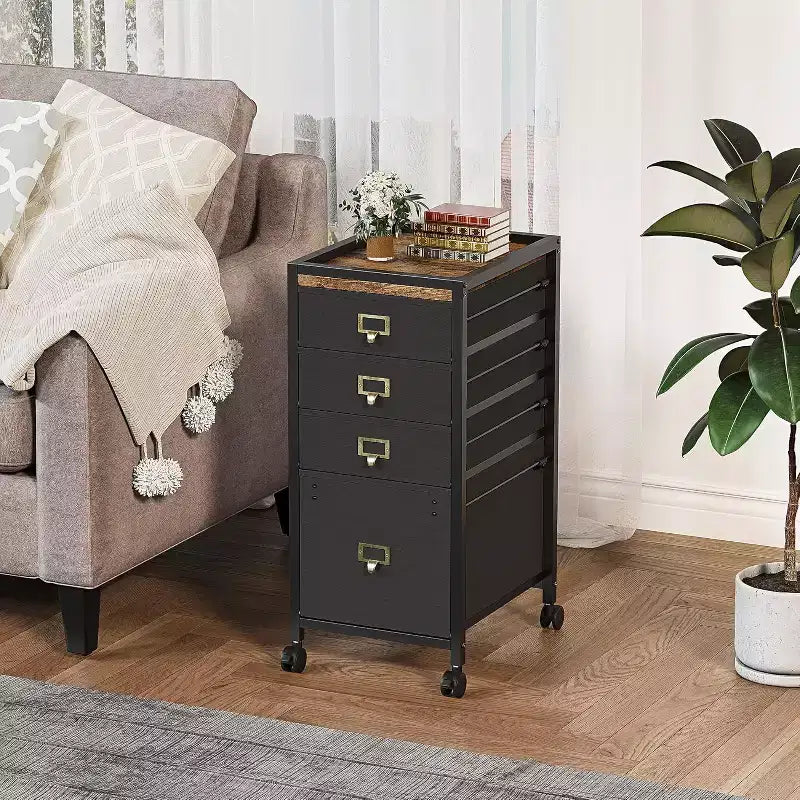 Mobile File Cabinets with Drawers,Fabric File Storage Unit on Wheels,Compact Under Desk File Cabinet with Smooth Casters for Home Office,Black