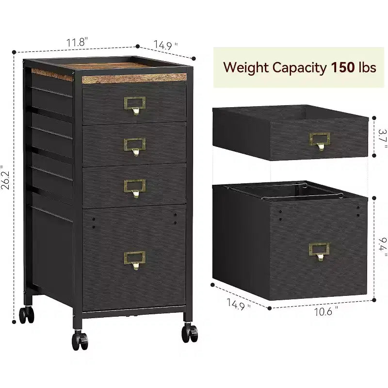 Mobile File Cabinets with Drawers,Fabric File Storage Unit on Wheels,Compact Under Desk File Cabinet with Smooth Casters for Home Office,Black
