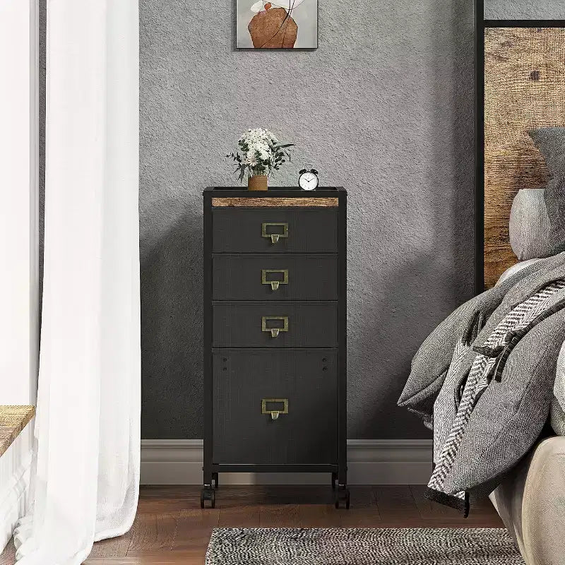 Mobile File Cabinets with Drawers,Fabric File Storage Unit on Wheels,Compact Under Desk File Cabinet with Smooth Casters for Home Office,Black