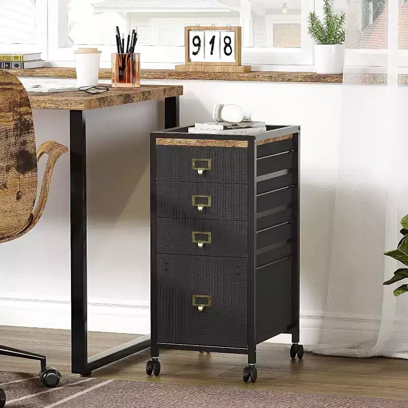 Mobile File Cabinets with Drawers,Fabric File Storage Unit on Wheels,Compact Under Desk File Cabinet with Smooth Casters for Home Office,Black