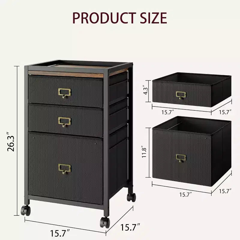 Mobile File Cabinets with Drawers,Fabric File Storage Unit on Wheels,Compact Under Desk File Cabinet with Smooth Casters for Home Office,Black