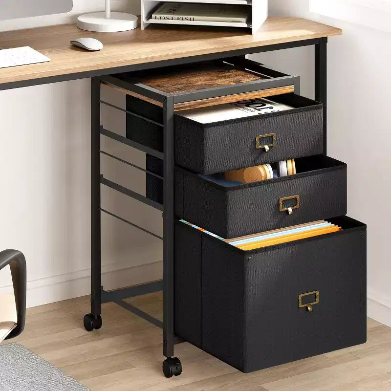 Mobile File Cabinets with Drawers,Fabric File Storage Unit on Wheels,Compact Under Desk File Cabinet with Smooth Casters for Home Office,Black