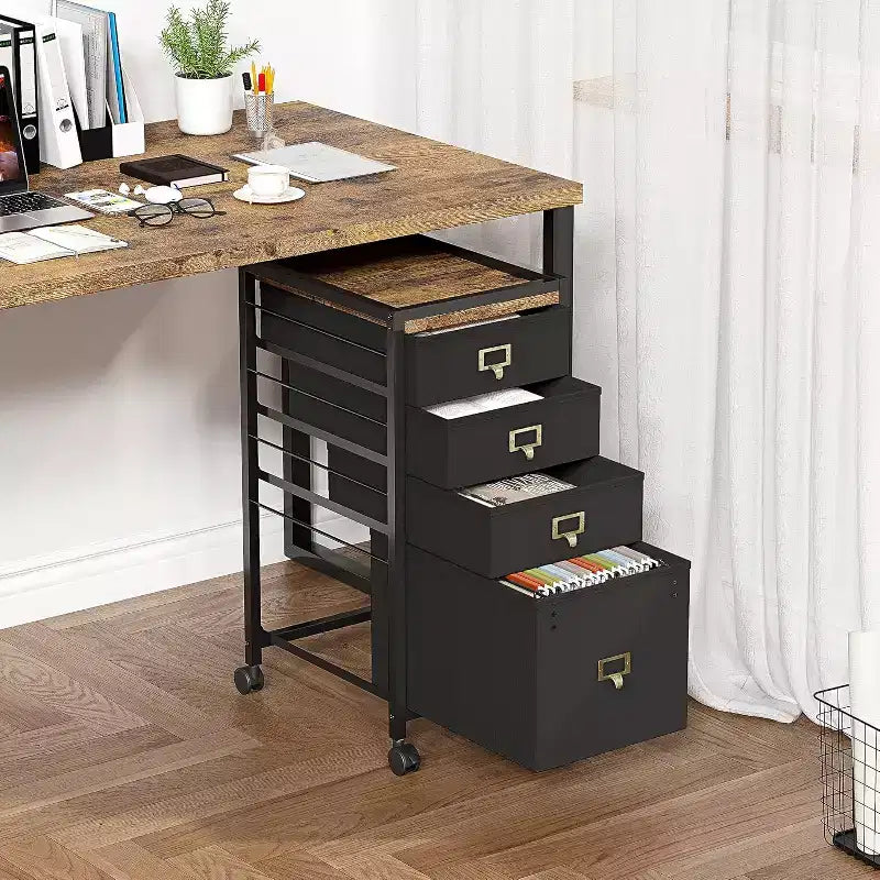 Mobile File Cabinets with Drawers,Fabric File Storage Unit on Wheels,Compact Under Desk File Cabinet with Smooth Casters for Home Office,Black