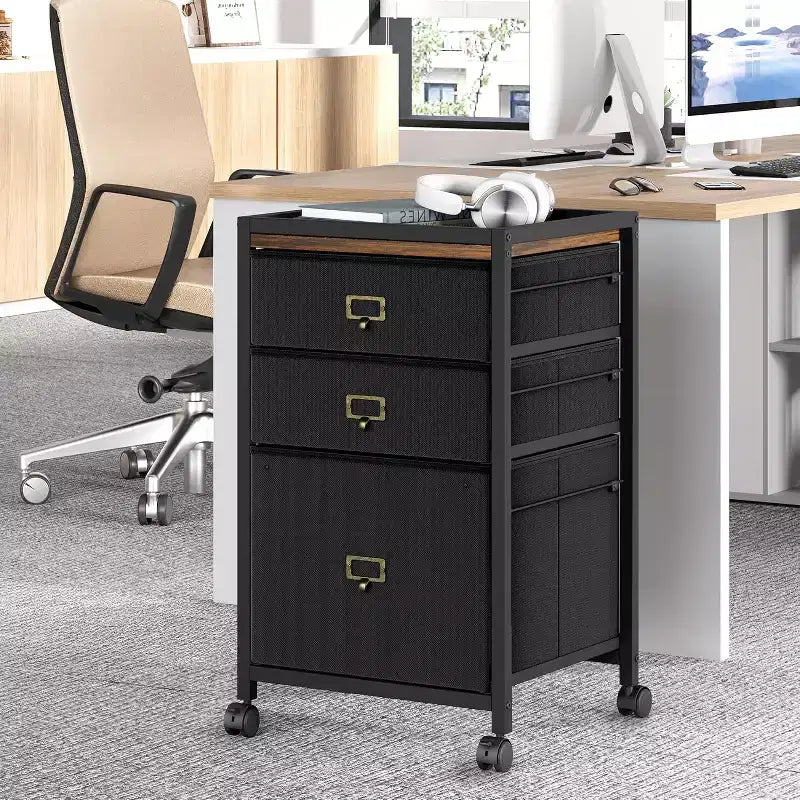 Mobile File Cabinets with Drawers,Fabric File Storage Unit on Wheels,Compact Under Desk File Cabinet with Smooth Casters for Home Office,Black