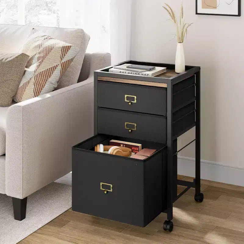 Mobile File Cabinets with Drawers,Fabric File Storage Unit on Wheels,Compact Under Desk File Cabinet with Smooth Casters for Home Office,Black