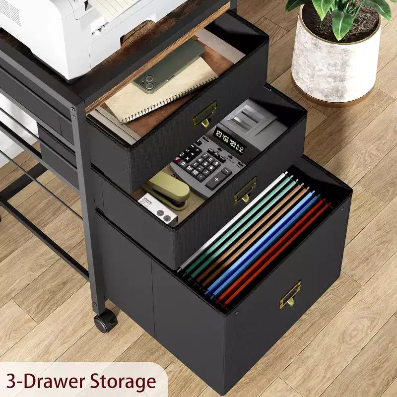 Mobile File Cabinets with Drawers,Fabric File Storage Unit on Wheels,Compact Under Desk File Cabinet with Smooth Casters for Home Office,Black