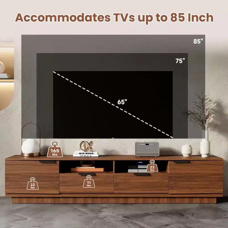 Modern Entertainment Center TV Stand Accommodates TVs up to 85 inches Features deep drawers for storage Ideal for living rooms