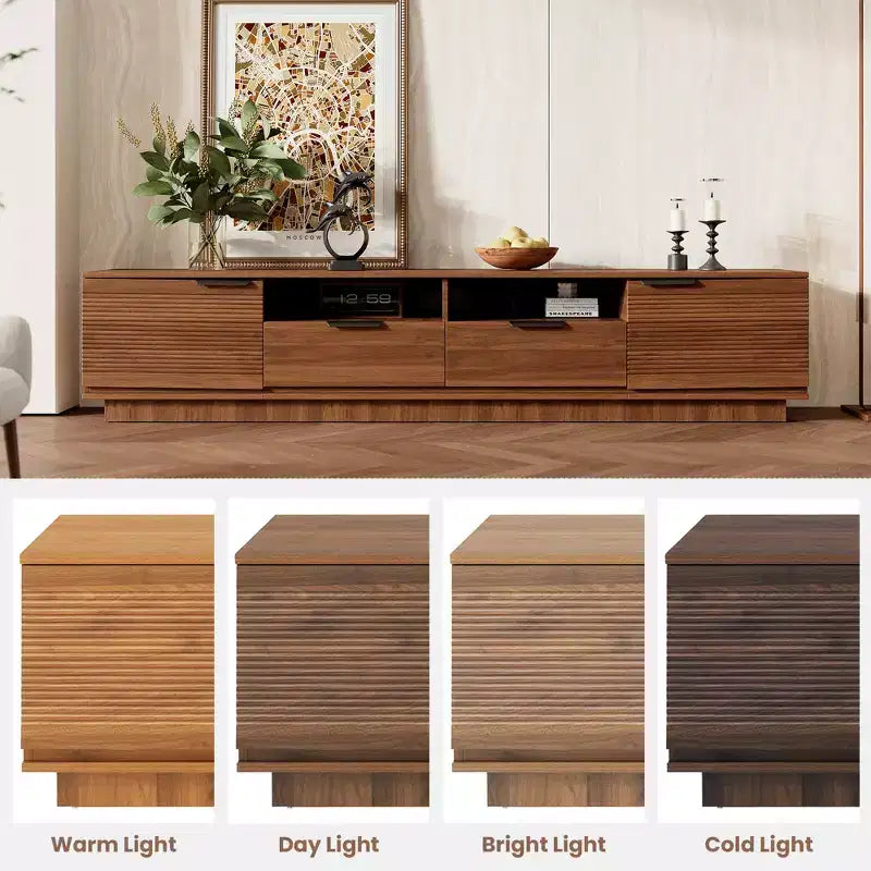 Modern Entertainment Center TV Stand Accommodates TVs up to 85 inches Features deep drawers for storage Ideal for living rooms