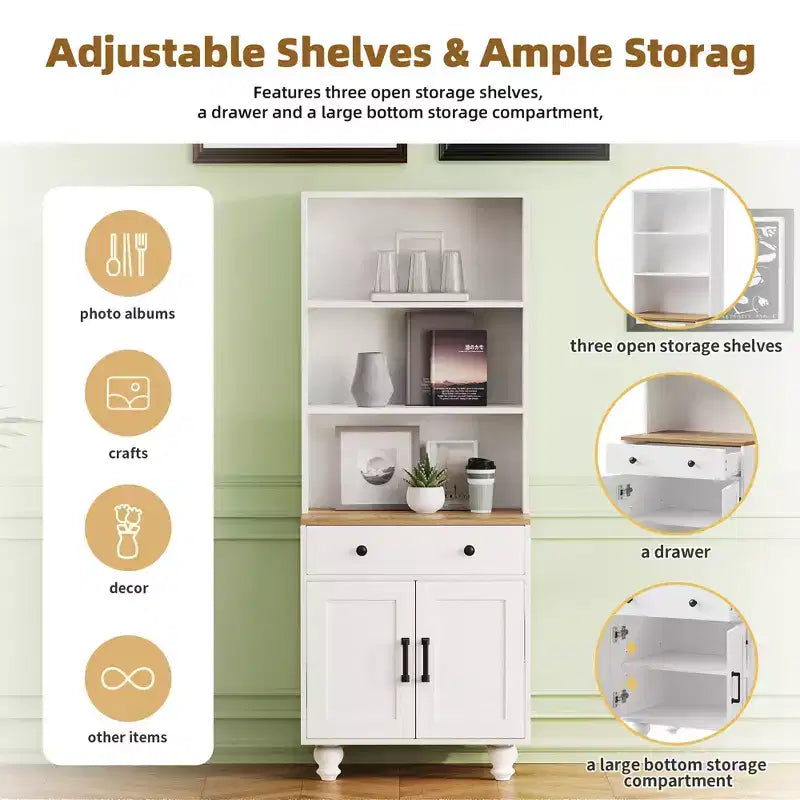 Ming Farmhouse Wooden Tall Storage Cabinet with Adjustable Shelves, Drawer and Doors