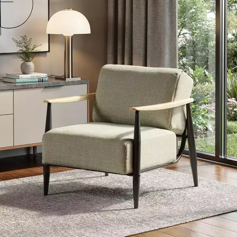 28 Beige Black and Natural Upholstered Cushion and Solid Wood Arm Chair