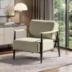 28 Beige Black and Natural Upholstered Cushion and Solid Wood Arm Chair
