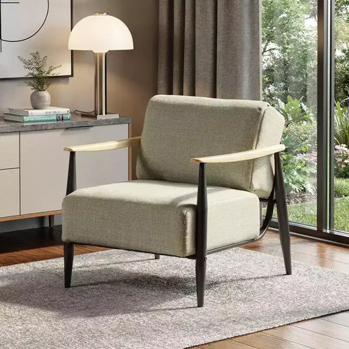 28 Beige Black and Natural Upholstered Cushion and Solid Wood Arm Chair