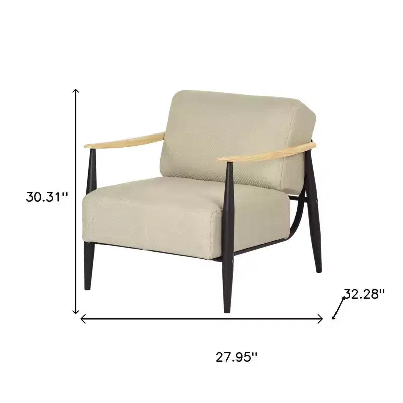 28 Beige Black and Natural Upholstered Cushion and Solid Wood Arm Chair