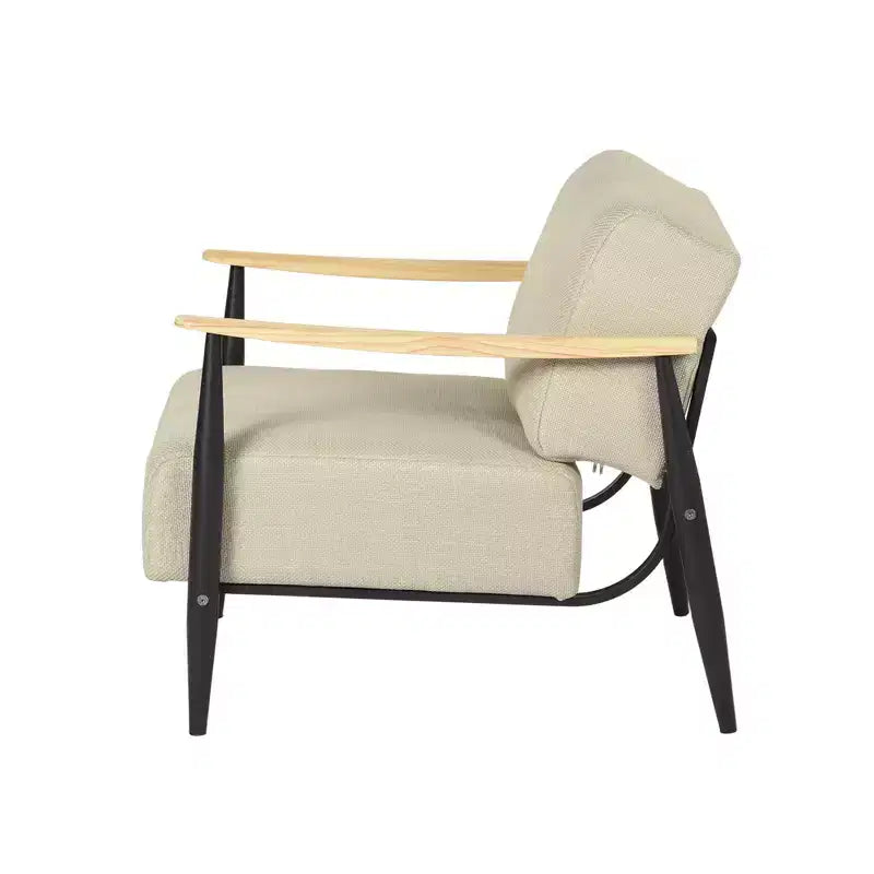 28 Beige Black and Natural Upholstered Cushion and Solid Wood Arm Chair