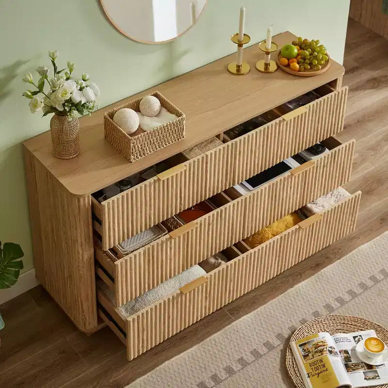 6 Drawer Dressing Table, Wide Modern Chest of Drawers, Wave Curve Design, Vanity TV Stand and Media Cabinet, Walnut